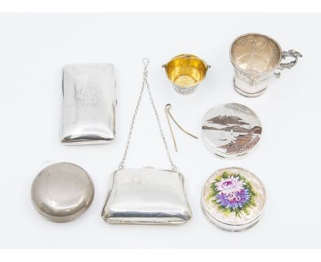 A collection of silver to include:Victorian cushion shaped cigarette box, by Robert Pringle, London, 1881Purse on suspension 