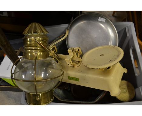 A collection of brass wares including brass hanging oil lamp, scales, figures, along with plated items, including decorative 
