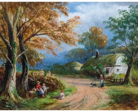 George Turner (British, 1843-1910), landscape with a cottage, figures and a dog on a lane, signed l.r., oil on board, 20 by 2
