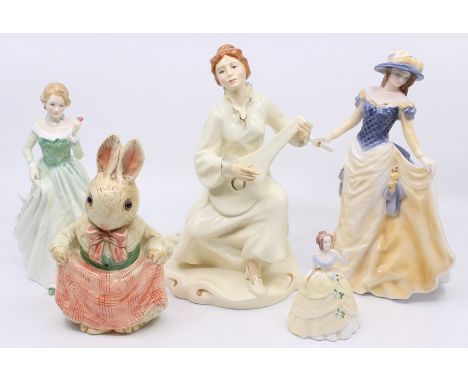 Royal Doulton lady figures Serenade Grace along with Royal Worcester Alice, Coalport Danielle and a rabbit