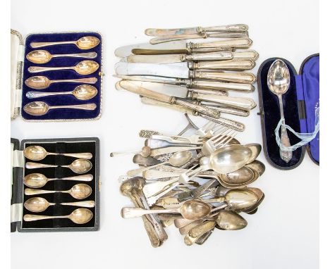 A collection of silver flatware to include: mainly fiddle pattern teaspoons, various dates 19th &amp; 20th Century and makers