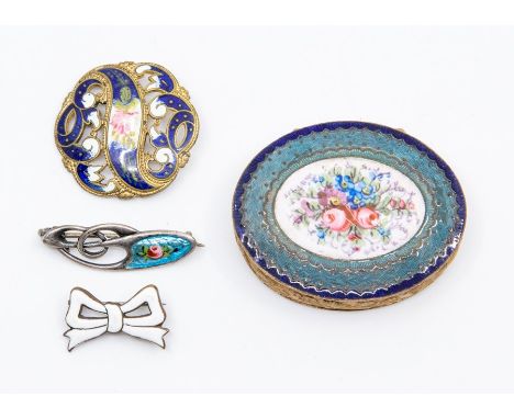 A Charles Horner silver and enamel brooch with floral decoration, length approx 30mm, a late 19th Century gilt metal and enam