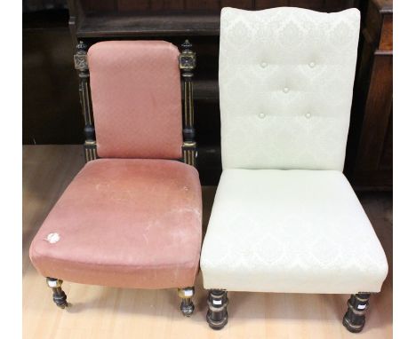 A Victorian ebonised nursing chair, with turned uprights, upholstered in pink, measuring 75cm high, together with a Victorian