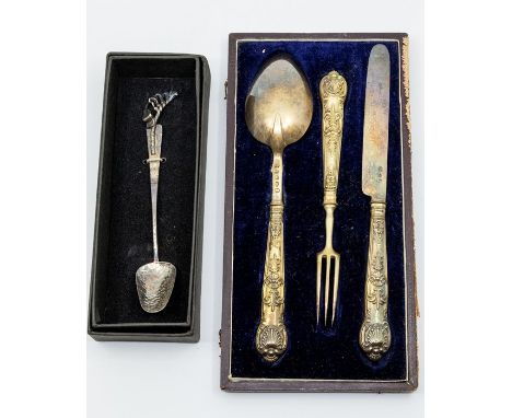 A George III matched three piece silver Queens pattern christening set,&nbsp;the spoon and fork by Taylor &amp; Perry, the kn