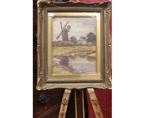 C.W. Hopper (20th century) Riverside Windmill, watercolour, signed with initials and dated 1918, approx 26cm x 19.5cm, framed