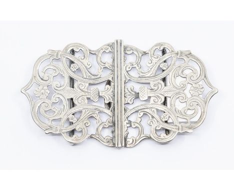 An Edwardian silver belt buckle, engraved arabesque openwork designs, by R&amp;W, Birmingham, 1901 (31.8 grams)