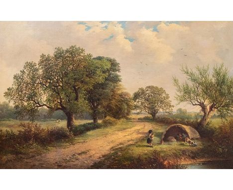  George Turner, a country lane with a figures in a tent and a dog by a pond, bears signature l.l,, oil on canvas, 37 by 58cm,