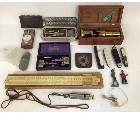 A collector's lot to include various 19th Century silver and mother-of-pearl fruit knives, razor, measuring tools, microscope