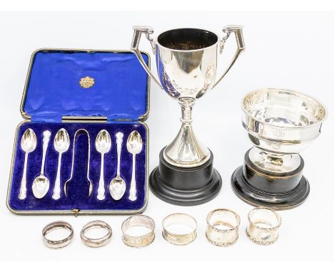 A collection of silver to include: George V silver rose bowl, engraved DURHAM REGATTA 1936, hallmarked Birmingham, 1935 with 