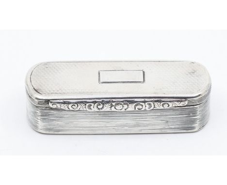 A George IV silver snuff box, oval with foliate thumpiece, reeded sides with engine turned decoration to cover and base, vaca