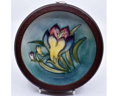 Moorcroft: A Walter Moorcroft 'Crocus' pattern coaster on a light green ground in a wooden frame. Diameter 11.5cm approx, 14c