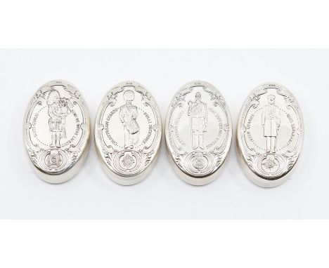 Militaria Interest: A collection of four sterling silver stamped 925/1000 oval pill box and covers, each embossed with Regime
