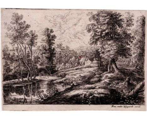 Lucas van Uden (1595-1672) - Landscape with lake and round tower  /  Description:  Landscape with a lake or a river in the lo