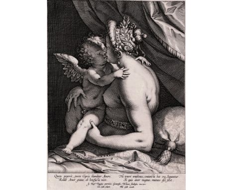Giovanni Battista Paggi, Cornelis Galle - Amore embracing Venus  /  Description:  Venus lying half-length on her bed wearing 