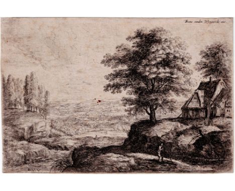 Lucas van Uden - Flemish Landscape  /  Description:  Landscape with a man with a walking stick on a road in the lower right c