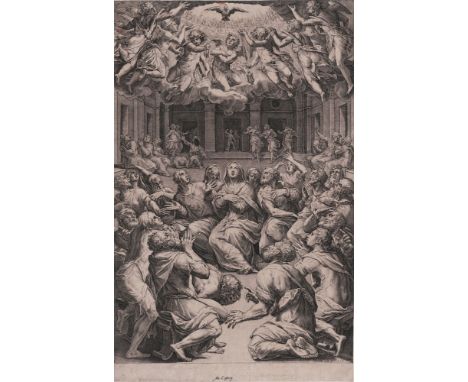 Cornelis Cort, Giorgi Vasari - Pentecost - 1574  /  Description:  Spirit in the form of a dove appears through a gap in cloud