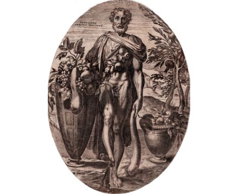 Frans Floris, Cornelis Cort - Autumnus, Pastoral God - 1565  /  Description:  From the set of Six Pastoral Gods in oval. Desi