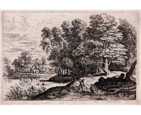 Lucas van Uden - Lakeside with two boys  /  Description:  Landscape with two boys holding long sticks in the lower right corn