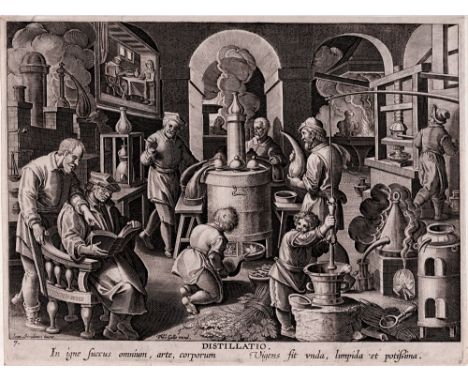 Philips galle  - Nova reperta: Distillatio - 1591  /  Description:  Various chemists and assistants distilling in a laborator