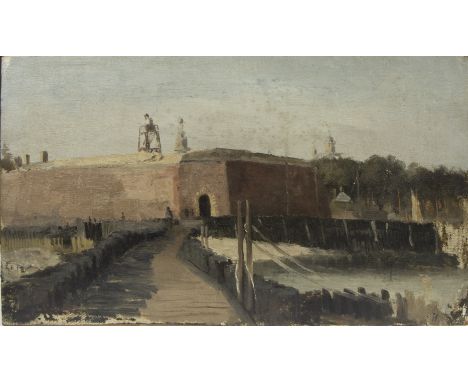 Harm HOLLESTELLE (1958) Oil on panel Fortified castle. Monogram. Olie op paneel Versterkte burcht. Monogram. 36.5 x 21 cm