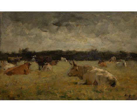Alfred DE KNYFF (1819-1885) Oil on panel Cows in the meadow. Signed and dated '80. Olie op paneel Koeien in de wei. Gesigneer
