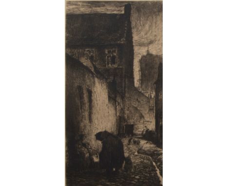 Jules DE BRUYCKER (1870-1945) Etching Patershol Gent, signed in ink. Ets Patershol Gent, gesigneerd in inkt. 32.5 x 17.5 cm