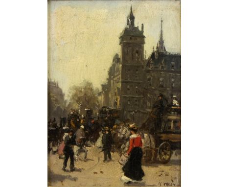 Europese school 19th century Oil on panel Street view with carriages. Signed H. Milo. Olie op paneel Straatzicht met koetsen.