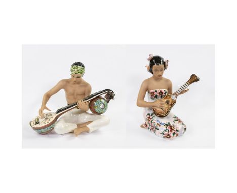 Keramieken beelden, LE BERTETTI jaren '40 In polychrome enamelled ceramic, depicting a 'Bangtang' and 'Honolulu'. Signed 'Le 