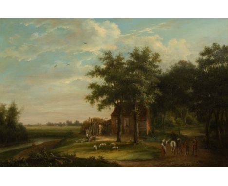 European school 19th century Oil on panel Landscape. Olie op paneel Landschap. 32 x 37 cm