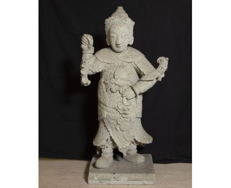 Gray stone garden statue of a Chinese chainmail warrior, China 19th/20th CTuinbeeld in grijze steen van een Chinese krijger i