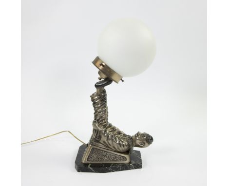 Art Deco table lamp Clown in silver plated bronze with glass ball Art Deco tafellamp Clown in verzilverd brons met glazen bol