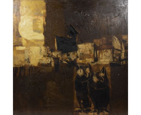 Belgian school 20th century Oil on panel 'La nuit', signed and titled Berg La Nuit at the backside. Olie op paneel 'La nuit',