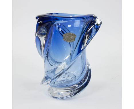 Vintage Val Saint Lambert vase blue crystal 60s/70s, with original label and signed Vintage Val Saint Lambert vaas blauwe kri