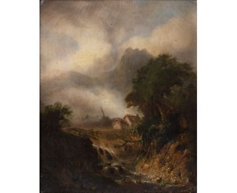 European school 19th century Oil on panel River with waterfall, not signed. With label, wax stamp and inscription on the back