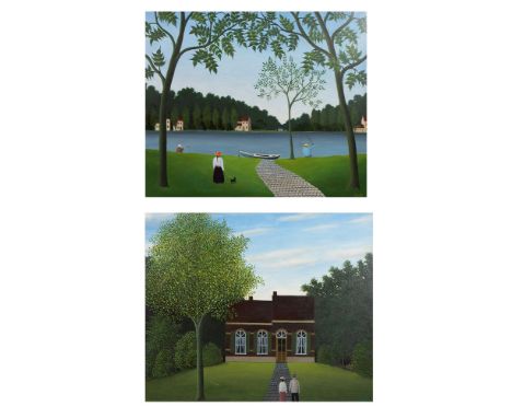 Jos Troch Oil on hardboard Marche éternelle from the lake and Walking to the house of light, signed. Olie op hardboard Marche
