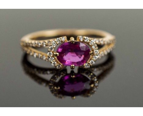 A PINK SAPPHIRE 18k YELLOW GOLD AND MICRO SET DIAMOND DRESS RING, approx. weight of pink sapphire 0.87 carets. 