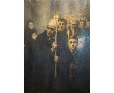 M.L. LUCAS 'Procession', oil on canvas, signed lower left, 131cm x 93cm.
