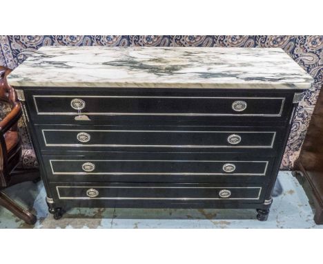 COMMODE, Directoire design, ebonised and silvered metal mounted, with breche violette marble top above four long drawers, 98c
