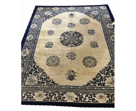 ANTIQUE 'PEKING' CHINESE CARPET, 350cm x 273cm. Ivory and sapphire