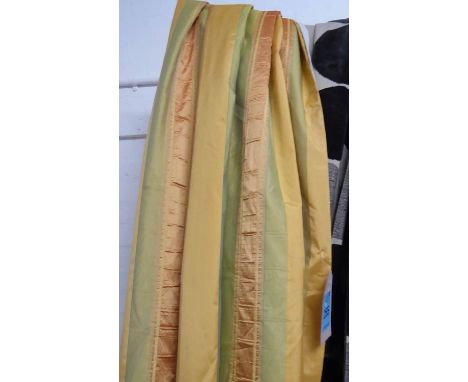 CURTAINS, a pair, in striped silk fabric, lined, gathered 64cm W x 233cm Drop, plus roller blind matching, 120cm W.