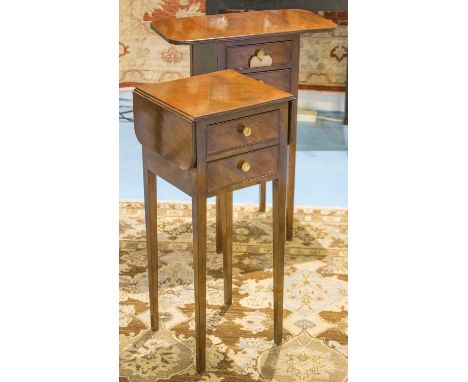 BEDSIDE/LAMP TABLES, a pair, George III design mahogany, each with twin flaps and two drawers, 52cm x 27cm D x 69cm H extende
