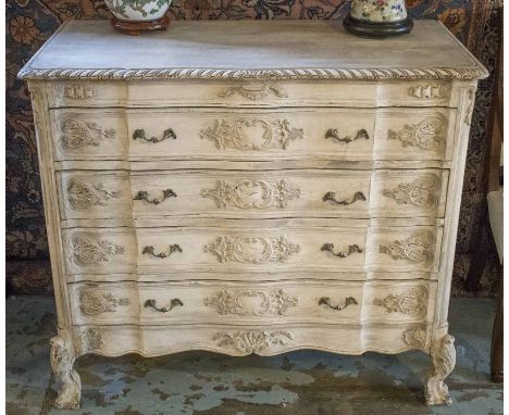 COMMODE, Louis XV design, traditionally grey painted with four long carved drawers, 102cm x 50cm D x 90cm H.