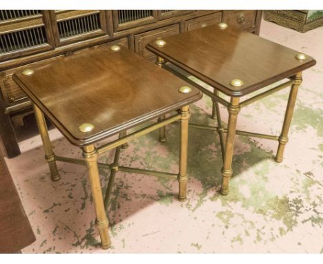LAMP TABLES, a pair, mahogany tops on brass tubular supports, each 53cm W x 44cm D x 51cm H. (2)