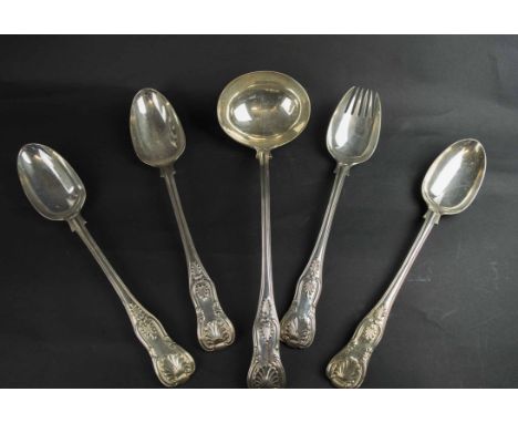 GEORGE ANGEL ANTIQUE SILVER 1845-1855; large silver Kings pattern soup ladle, large silver Kings pattern basting spoons, larg
