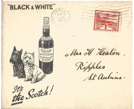 1942 Jersey 1d Red Occupation FDC on Black and White Scotch Whiskey illustrated envelope. Good Condition. All signed pieces c