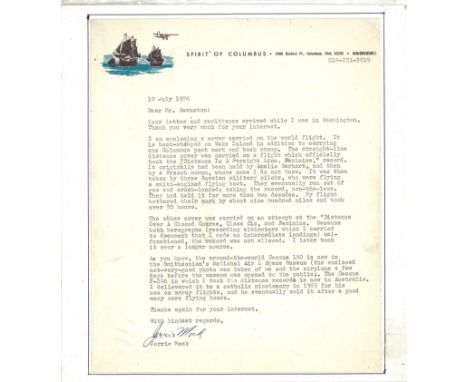 Geraldine Jerry Mock aviation pioneer typed signed letter on Spirit of Columbus letterhead dated 1976 with good content regar