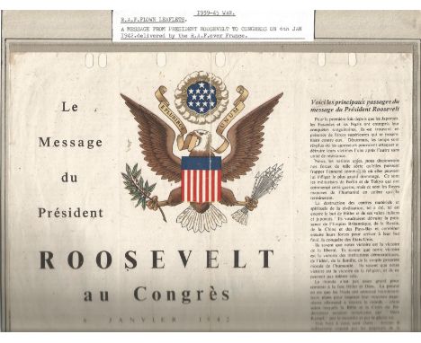 WW2 RAF Flown leaflet, original printed Message from President Roosevelt to Congress 1942 delivered by the RAF over France. T