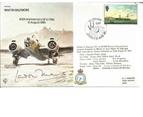 Wg Cdr P B Laddie Lucas signed RAF B35 Martin Baltimore cover. Commemorates the 40th Anniversary of VJ Day. 22p Jersey GB sta