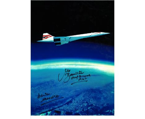 Mike Bannister Chief Concorde Pilot and Adrian Meredith photographer signed 16x12 colour photo depicting Concorde flying over