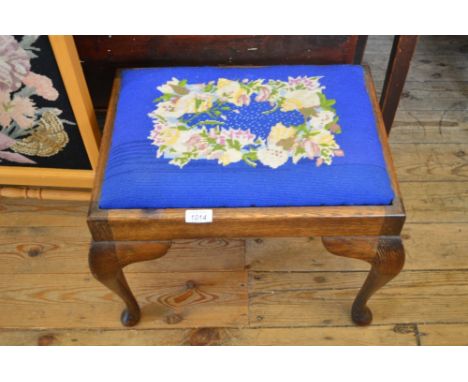 A small Oak stool, a tapestry upholstered stool and decorative fire screen